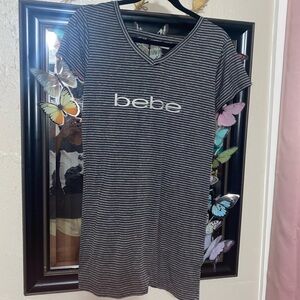Bebe Black and White Striped V-Neck Tee